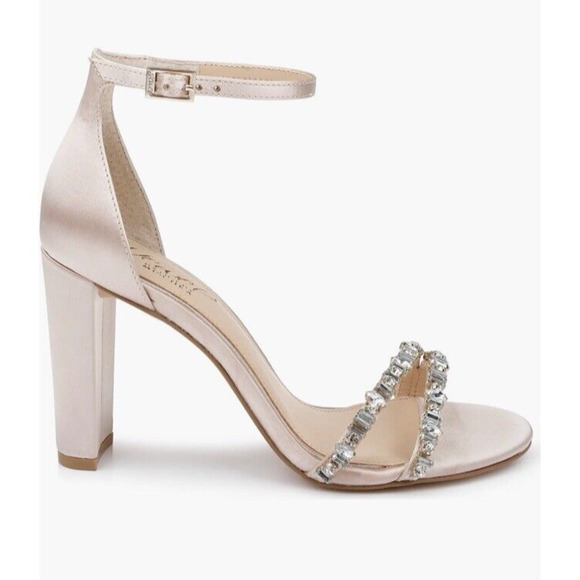 JEWEL BADGLEY MISCHKA Alia Evening Sandals Size 9 Champaign Satin Jeweled NWOB‎ - Picture 2 of 10